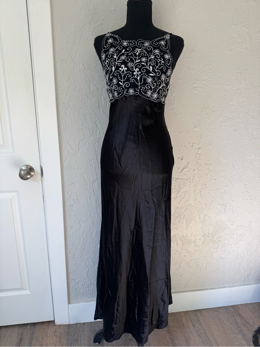 Be Smart 90s Vintage Black Satin Floral Embroidered Maxi Dress